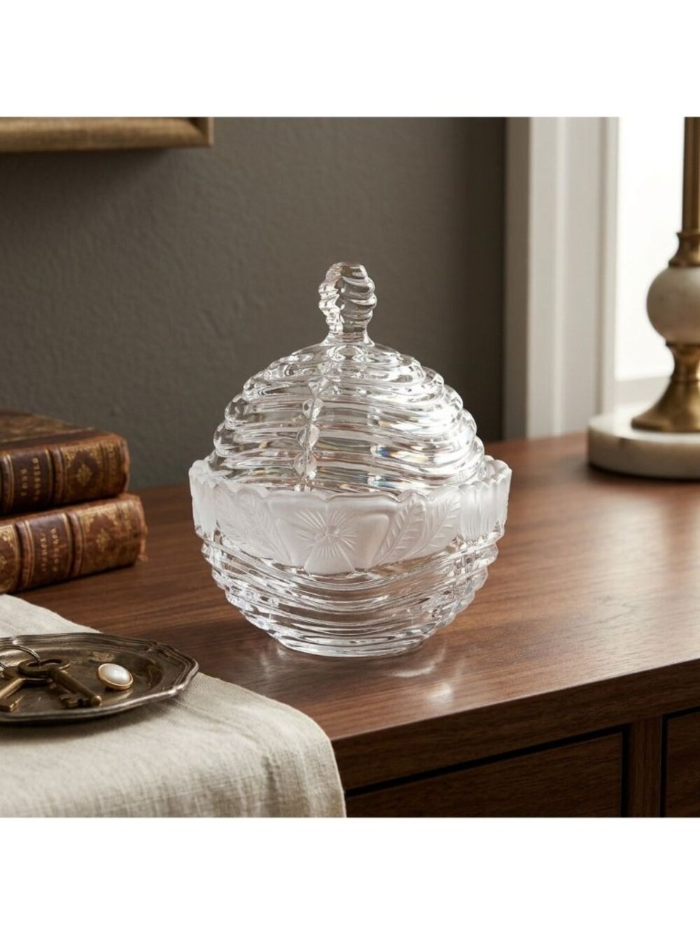 Crystal Clear Germany 24% Lead Crystal Covered Candy Dish Frosted Floral Jar